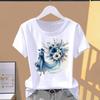 (Asian Size) Flower Lovely Style Short Sleeve T-shirts Print Fashion Female Casual Top T O-neck Graphic Tee Women's Clothing