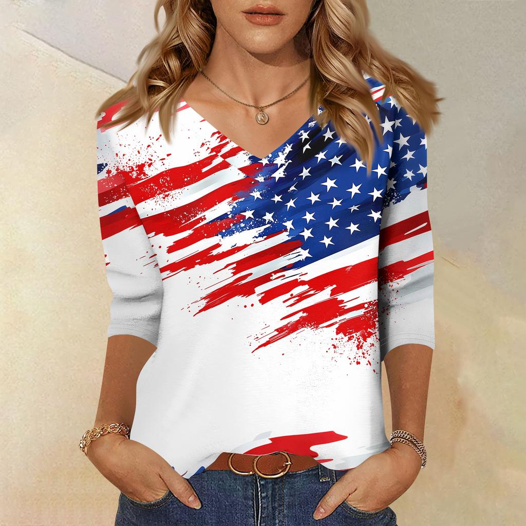 Womens V Neck 34 Sleeve Loose Fit Casual Blouse Flag Print Top Seven Quarter Sleeve Shirt for Daily Wear