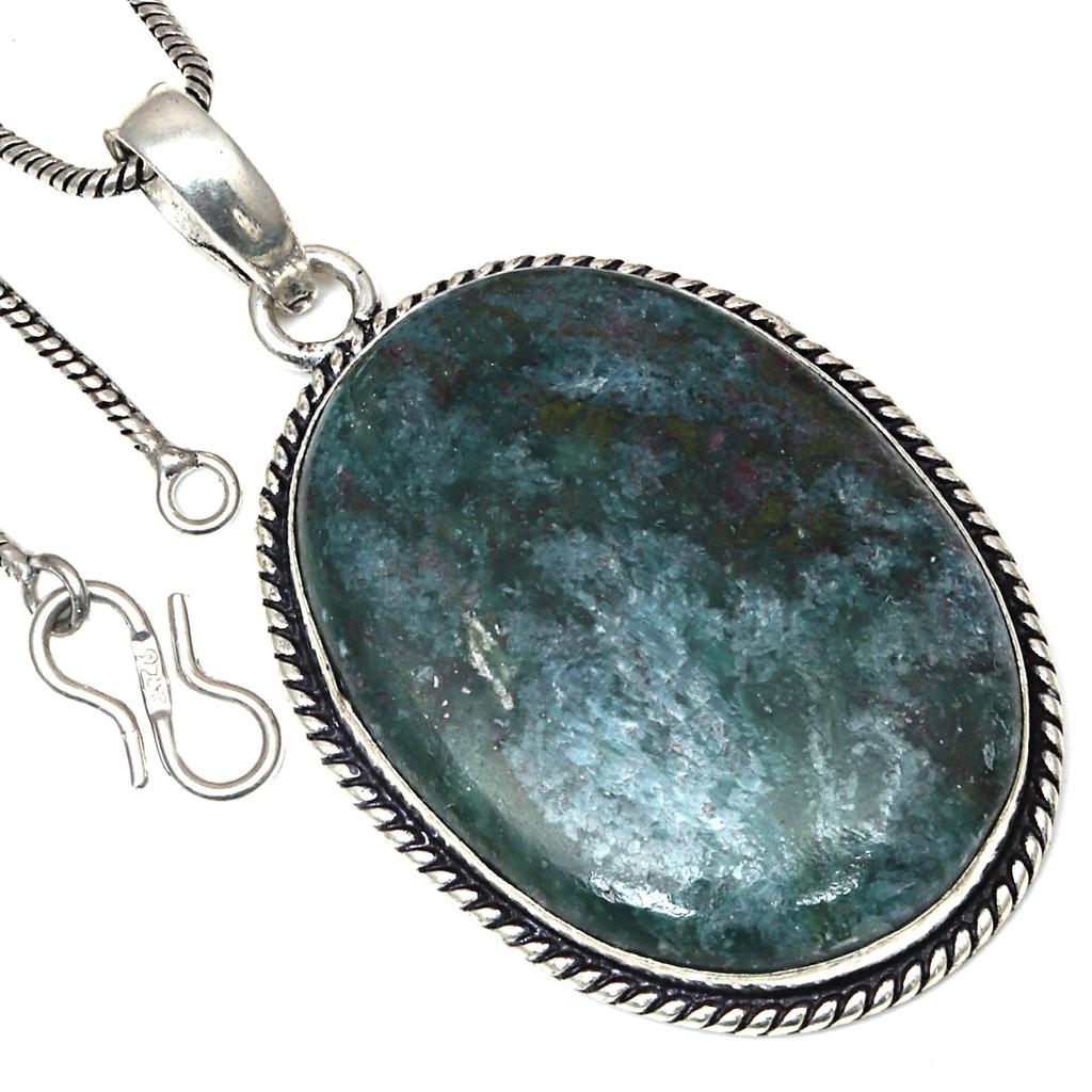 Pendant Fuchsite Cabochon Gemstone Valentine'Day Gift Silver Jewelry 2.25"