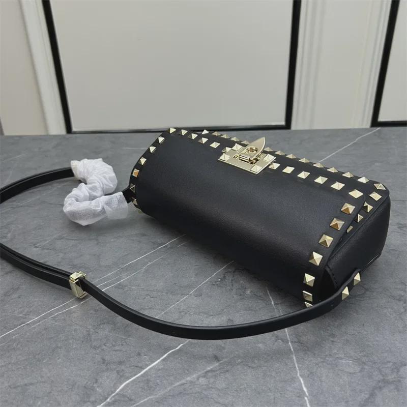 Luxurious Women's Cowhide Rivet Crossbody Shoulder Bag - Versatile Solid Color Flap Design