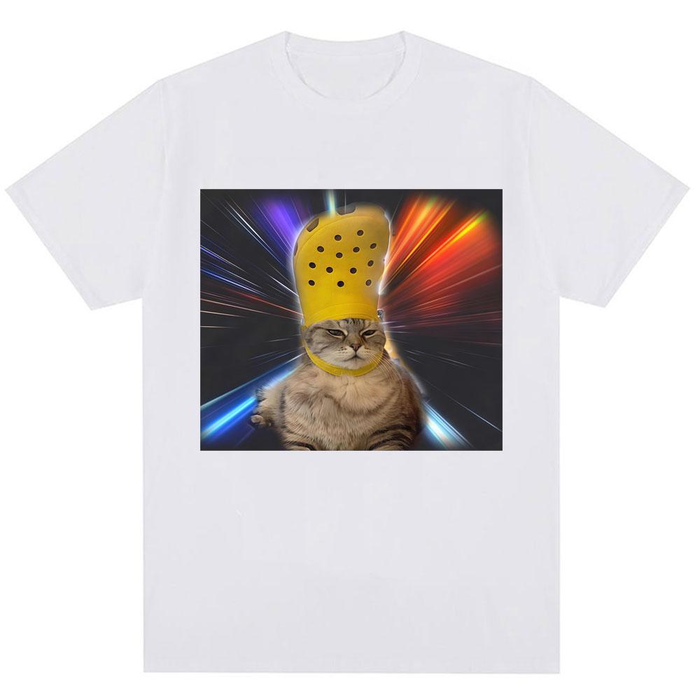 Funny Cat with Croc on Its Head Meme T Shirt Men Women Humor Popular Joke T-shirts Personality Oversized Cozy Cotton O-Neck Tees