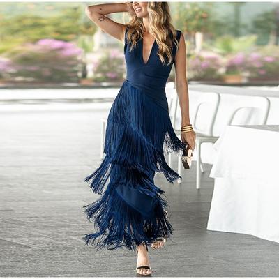V-neck Tassel Stitching Sleeveless Cake Long Dress Ladies Fashion Long Dress Blue Classic Party Dress