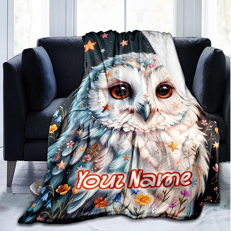 1PC Custom Name Starry Night Owl Art flannel blanket versatile,all-season throw suitable for the living room,bedroom,camping,travel,and gift