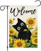 Heyfibro Welcome Summer Cute Black Cat Garden Ag 12x18 Double Sided Burlap, Spring Sunower Bee Yard Banner for Rustic Se GGO