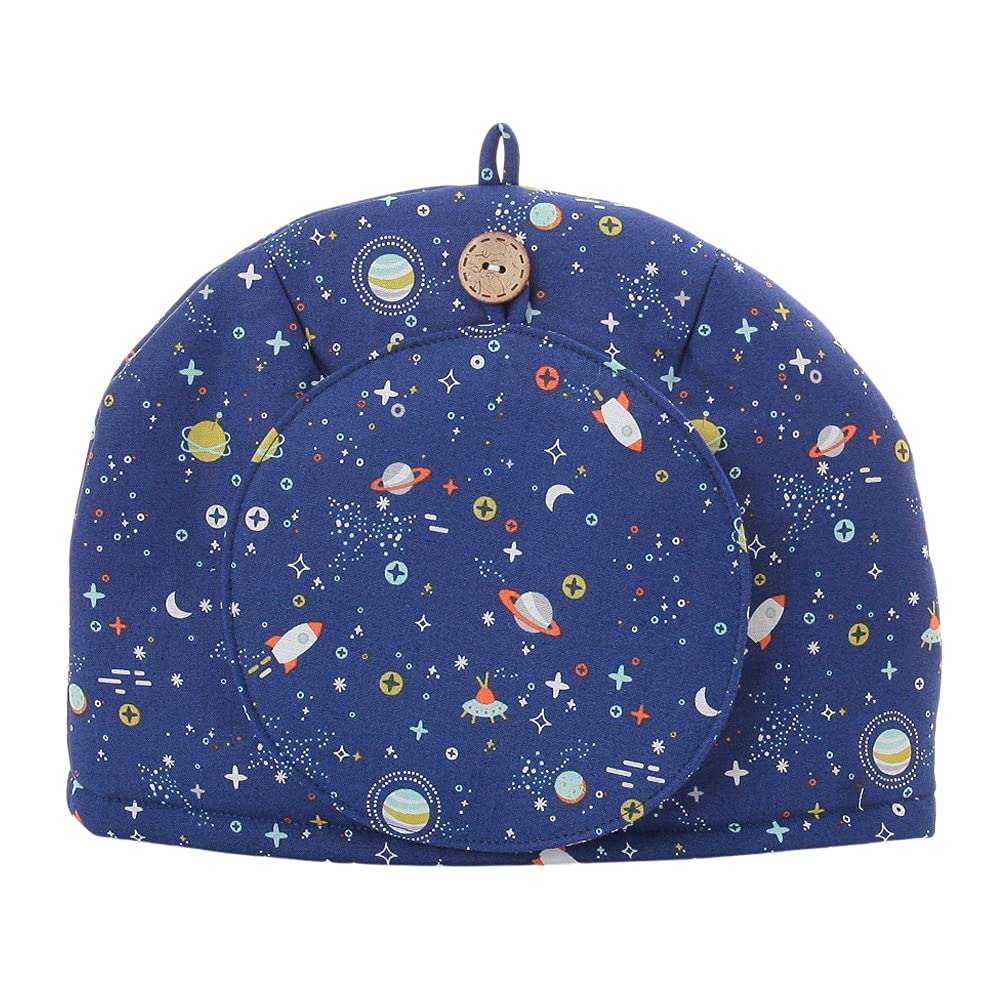 Stylish Scandinavian-style tea cozy with a blue, universe, planet, and garden design. Beige teapot cover. Crafted by artisans Sachiko and Akiko
