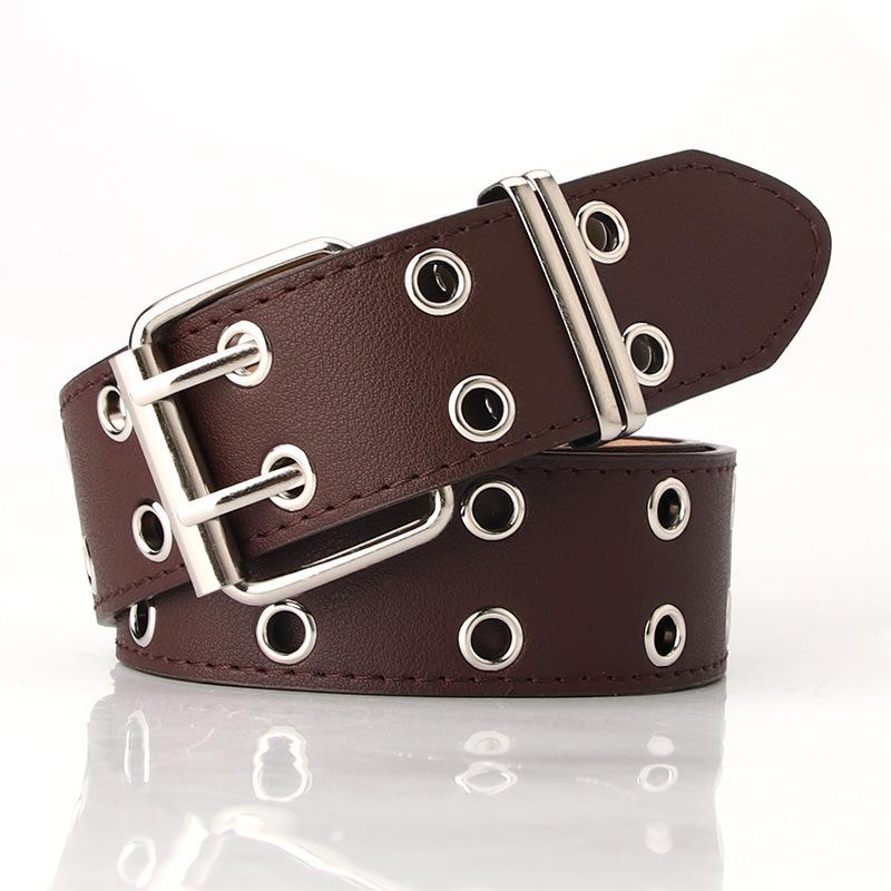 

New style personality double vent eye women s belt Fashion Rivet Decorated Belt Trendy Wide Belt for Street Vendor Supplies 105CM коричневий
