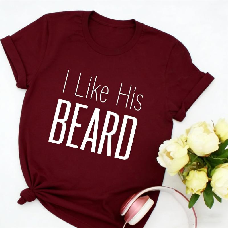 Ihr Hintern Ich mag seinen Bart Lustiger Einfacher Buchstabendruck T-Shirt Oberteile Valentinstagsgeschenk für Paare Niedlich Passend Normal Kurzarm