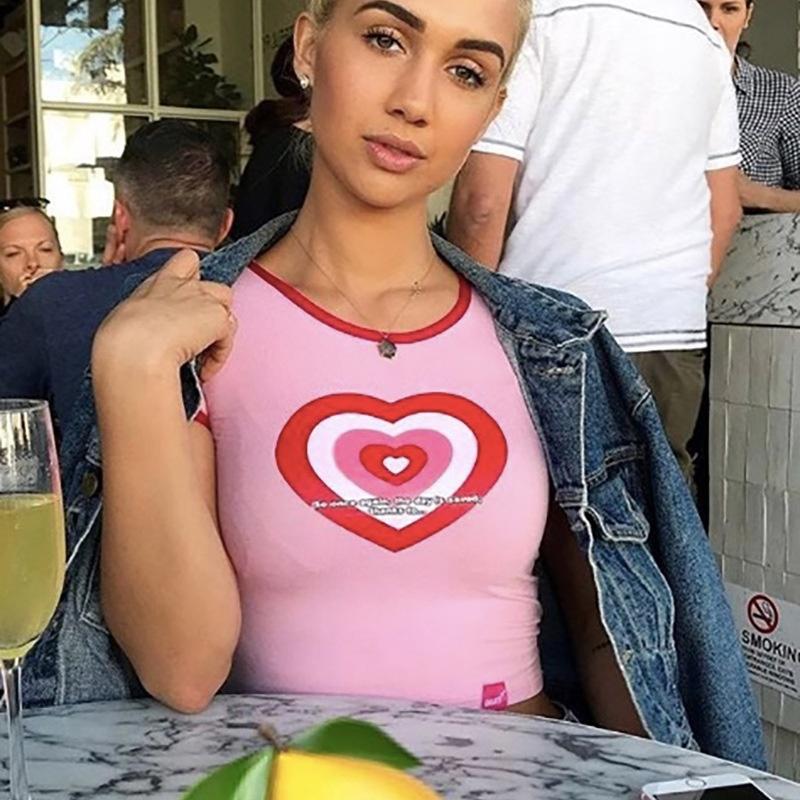 Pink Sweet Heart Cotton T Shirt Women Tops Tees Print T-shirt Summer Crop Short Sleeve Clothes