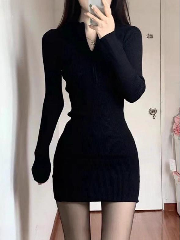 Pure Desire Zippered High-Neck Slim Fit Long Sleeve Bodycon Little Black Dress for Women – Autumn Hot Girl Style