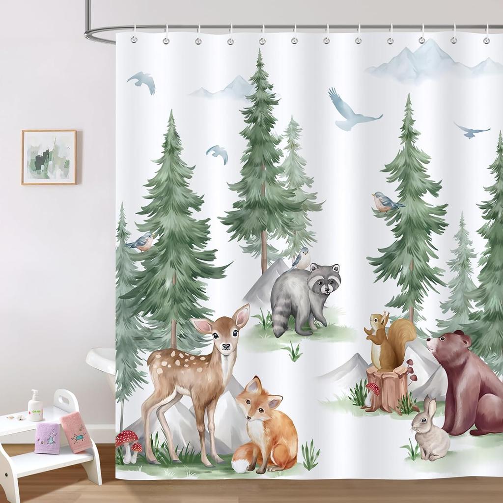 animal forest shower curtain bear fox deer squirrel waterproof bathroom decorative shower curtain 180 x 180cm with 12 hooks