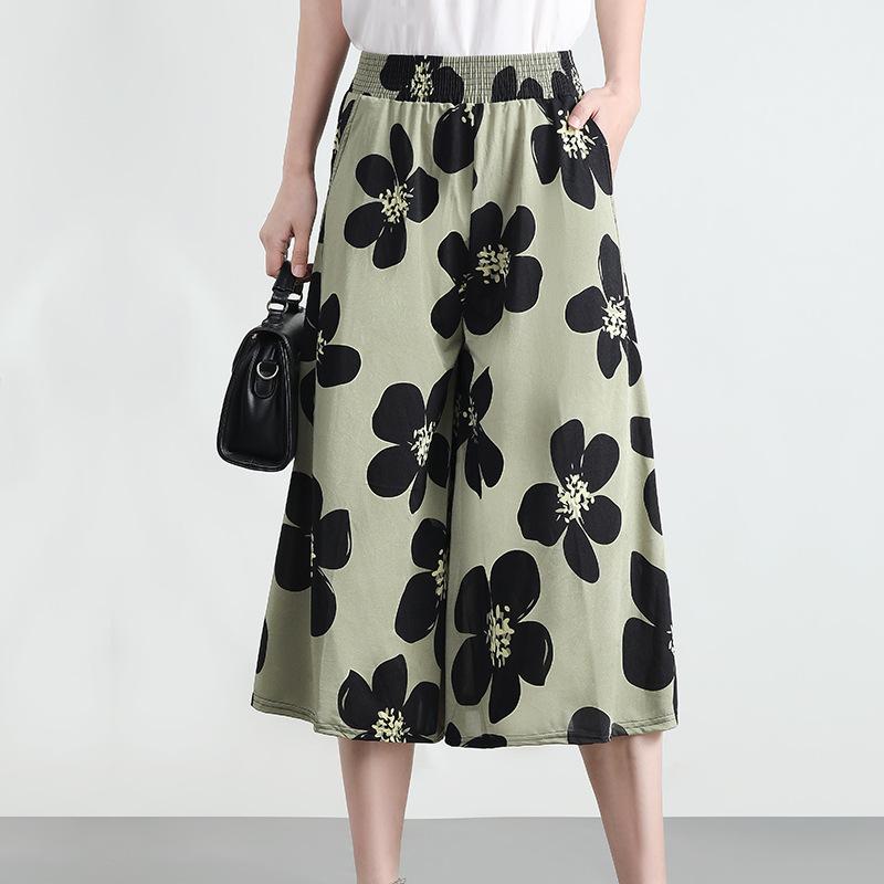 Middle Aged and Elderly Women's New Summer Half Skirt Cropped Pants Mom Elastic High Waist Wide Leg Pants Skirt Pants