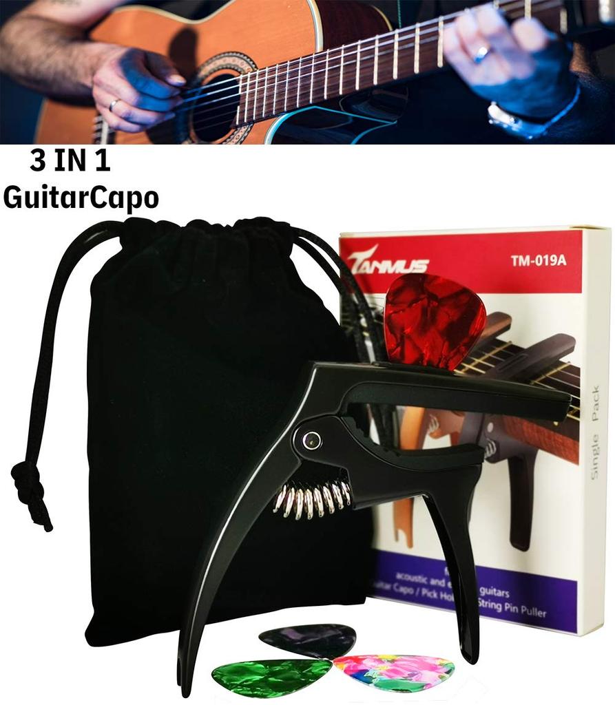 TANMUS Guitar for Acoustic Electric Guitars Clip 4 Picks Stringed Ukulele Accessories Capo Capo, 3-in-1 Capo, & (Pick & Included), Instruments,
