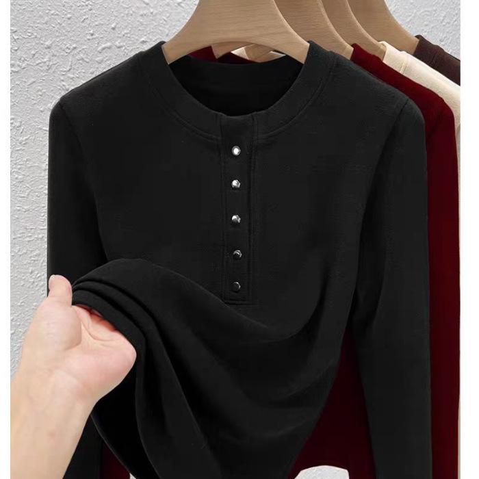 Women's 270g Slimming Long-Sleeve Fleece T-Shirt, Spring/Autumn 2025 Style, Button-Up Round Neck