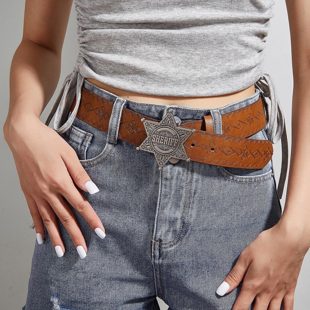 Star Letter Silver Buckle Texture Printed Pattern Belt For Both Men Women And