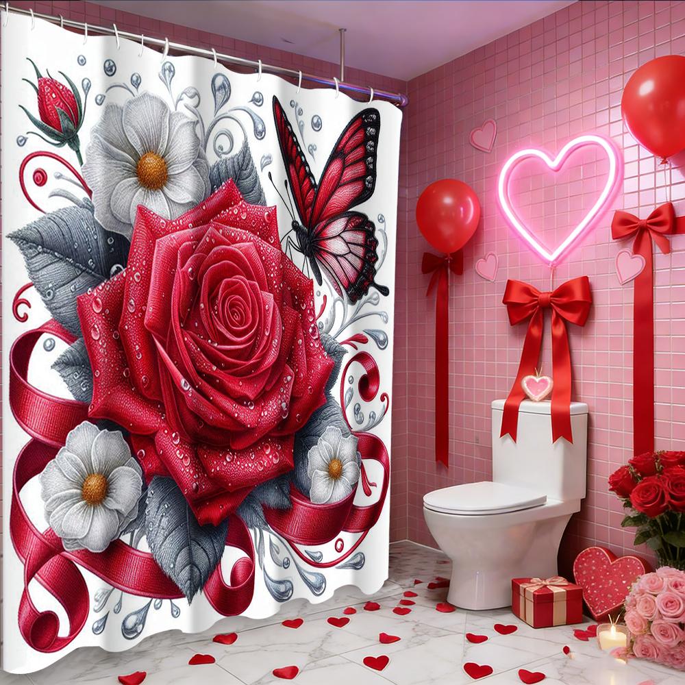 Valentine's Day Love Rose Heart Pattern Bathroom Shower Curtain With 12 Hooks Home bathroom decor and accessories
