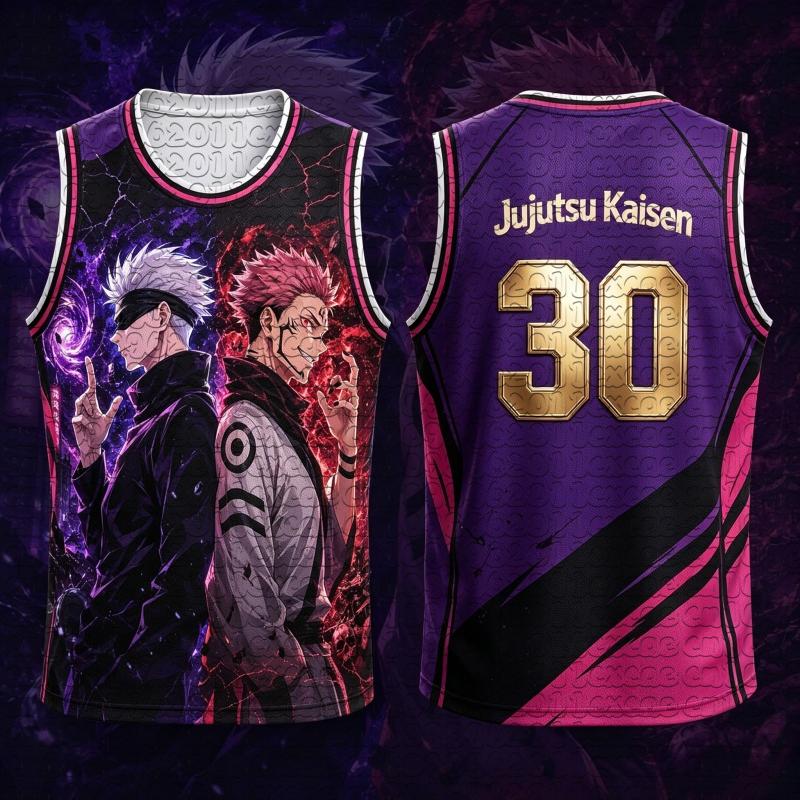 Zomer Anime Jujutsu Kaisen Gojo Satoru Ryomen Sukuna Goudkleurige Print Sneldrogend Mesh Basketbalshirt Uniseks Mouwloos Tanktop 100 brown
