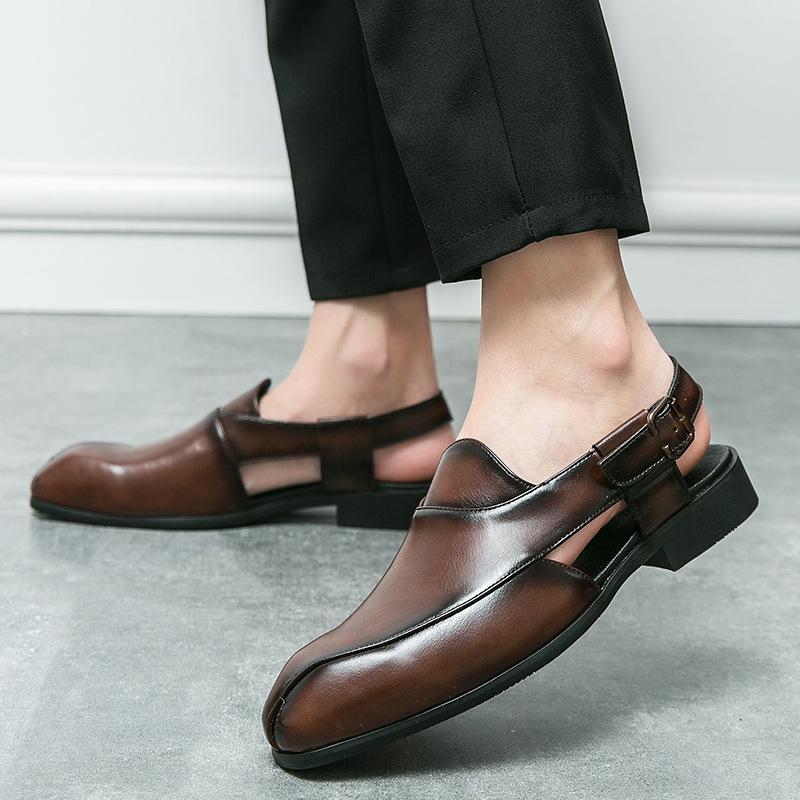 Spring and Autumn Large Size Men's Shoes with Leather Sneakers with Buckles Fashionable British Heelless Leather Sandals