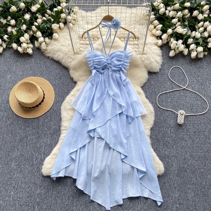 Pure Desire Style Sling Dress Women's Summer Wear New Design Sense Pleated Tube Top Halterneck Waist-Tight Asymmetrical Chiffon Dress