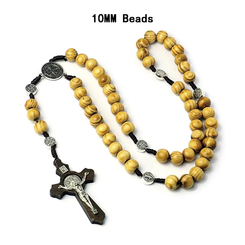 Katholische Holzperlen Rosenkranz Halsketten Für Frauen Christliches INRI Kruzifix Kreuz Anhänger Lange Kette Männer Religion Gebets Schmuck