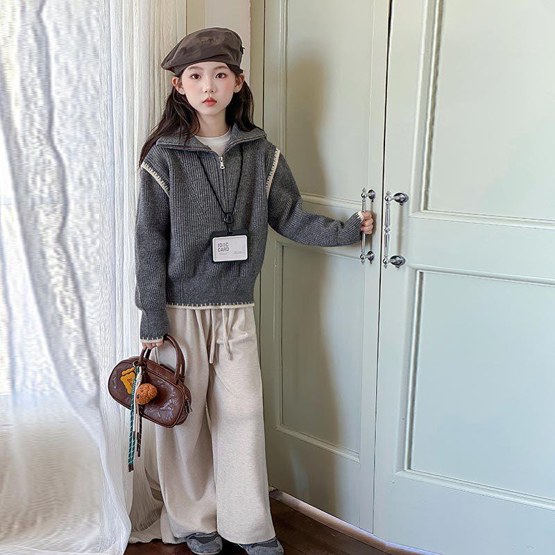 

Серый вязаный свитер на молнии для девочек - Осень/Зима 2025 Пуловер в корейском стиле для детей 160 cm