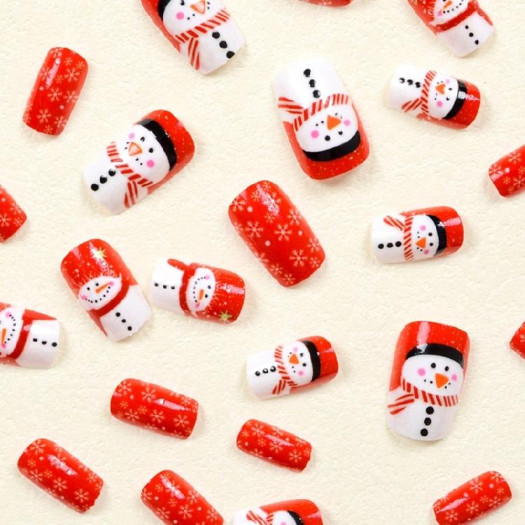 Medium Square False Nail Christmas Acrylic Nail Snowman Full Cover Stick On Nail White Snowflake Press On Nail