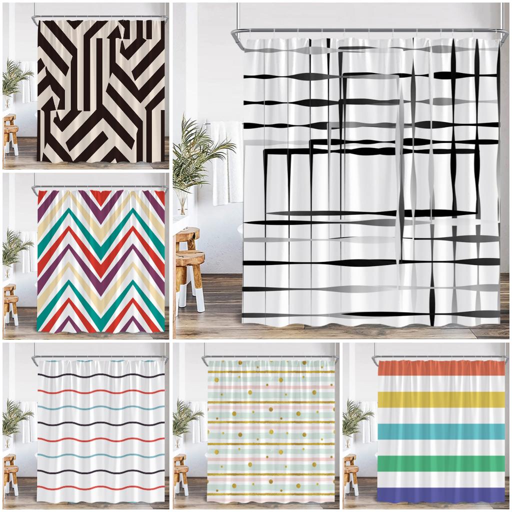 Geometric Stripes Shower Curtain Abstract Wavy Line Spots Art Aesthetic Bathroom Decorations Modern Bath Curtain with Hooks