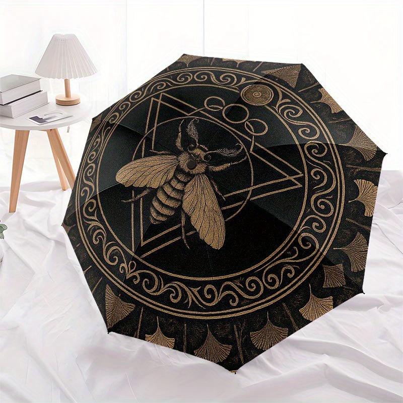 Golden Bee Symbol Circular Rug - Decorative Spiritual Design Umbrella, Portable 3-Fold Compact Umbrella for Men & Women R143