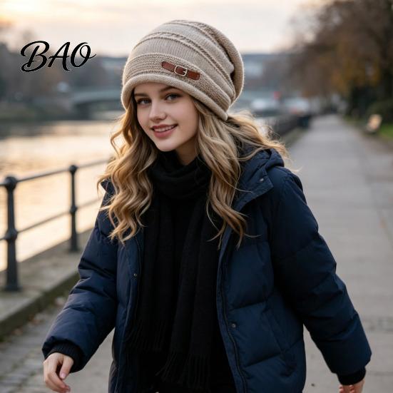 Velvet Lined Thermal Cap Winter Knitted for Women Girls, Thickened Warm Hat Cold Weather, Casual Outdoor Snow Plush Fashion Stacked Hat, Stylish