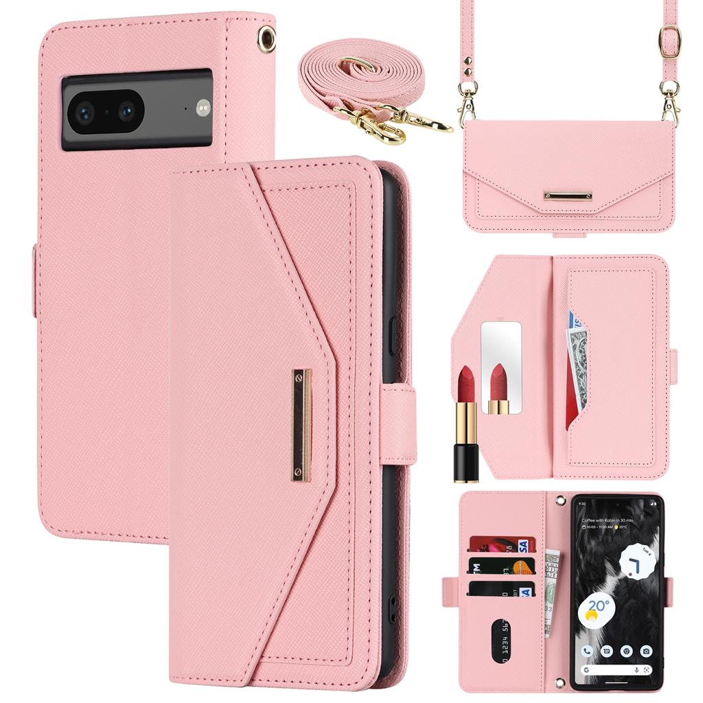 For Google Pixel 7 5G Stand Case Cross Texture PU Leather Wallet Phone Cover with Shoulder Strap/Makeup Mirror