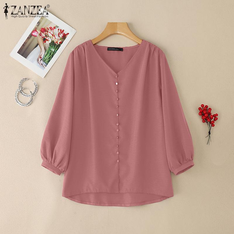 ZANZEA Women Casual V-Neck Solid Color 3/4 Sleeve Loose Blouse