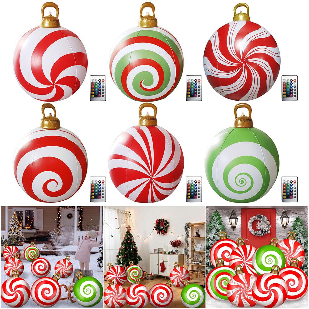 24 Inch Light Up PVC Inflatable Christmas Ball Large Outdoor Decorated Ball New Years Christmas Ornaments Holiday Decor