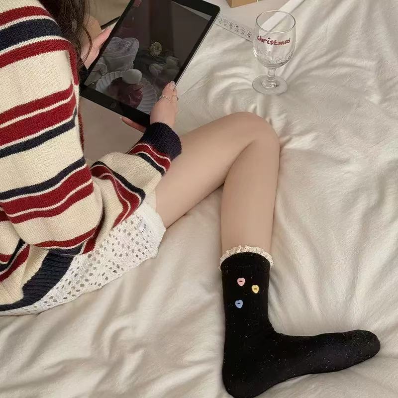 

Женские хлопковые носки-трубы с пуговицами для студентов весной и летом 1 pair чёрный