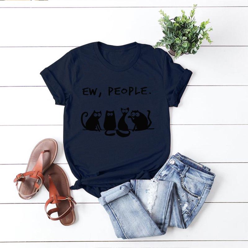 Mew People Cotton T-Shirt Short Sleeve Round Neck Women 2d Print Tops