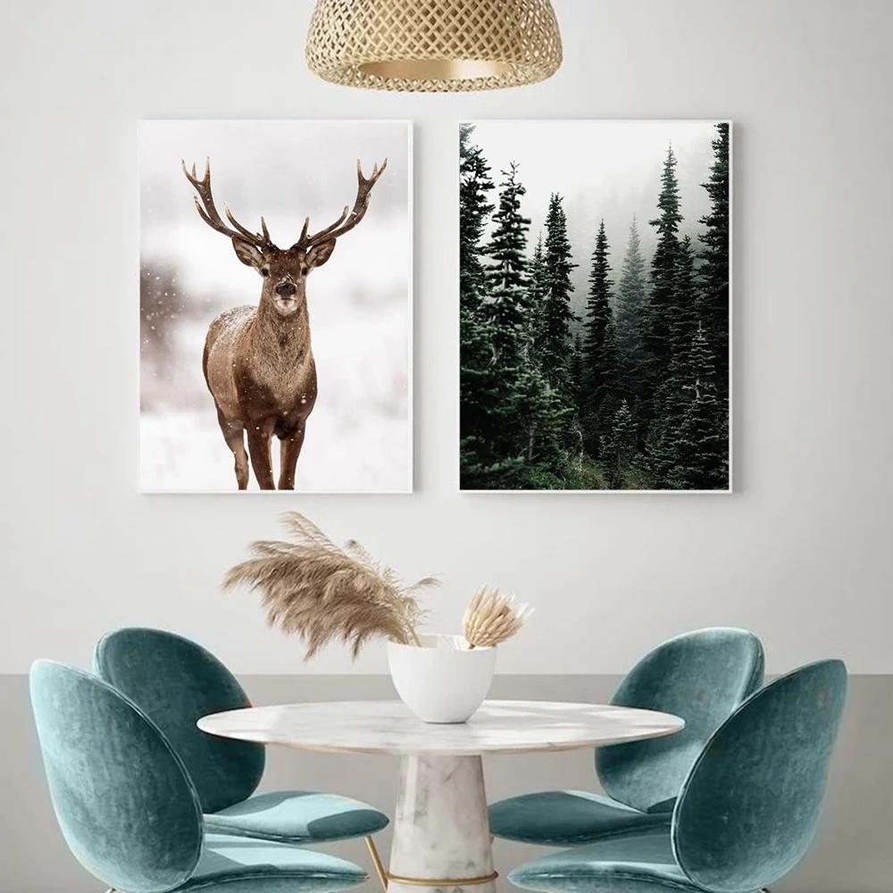 Christmas Decor Winter Snow Forest Deer Elk Owl Sunlight Painting Scenery Home Decor Canvas Poster Art Print Wall Picture
