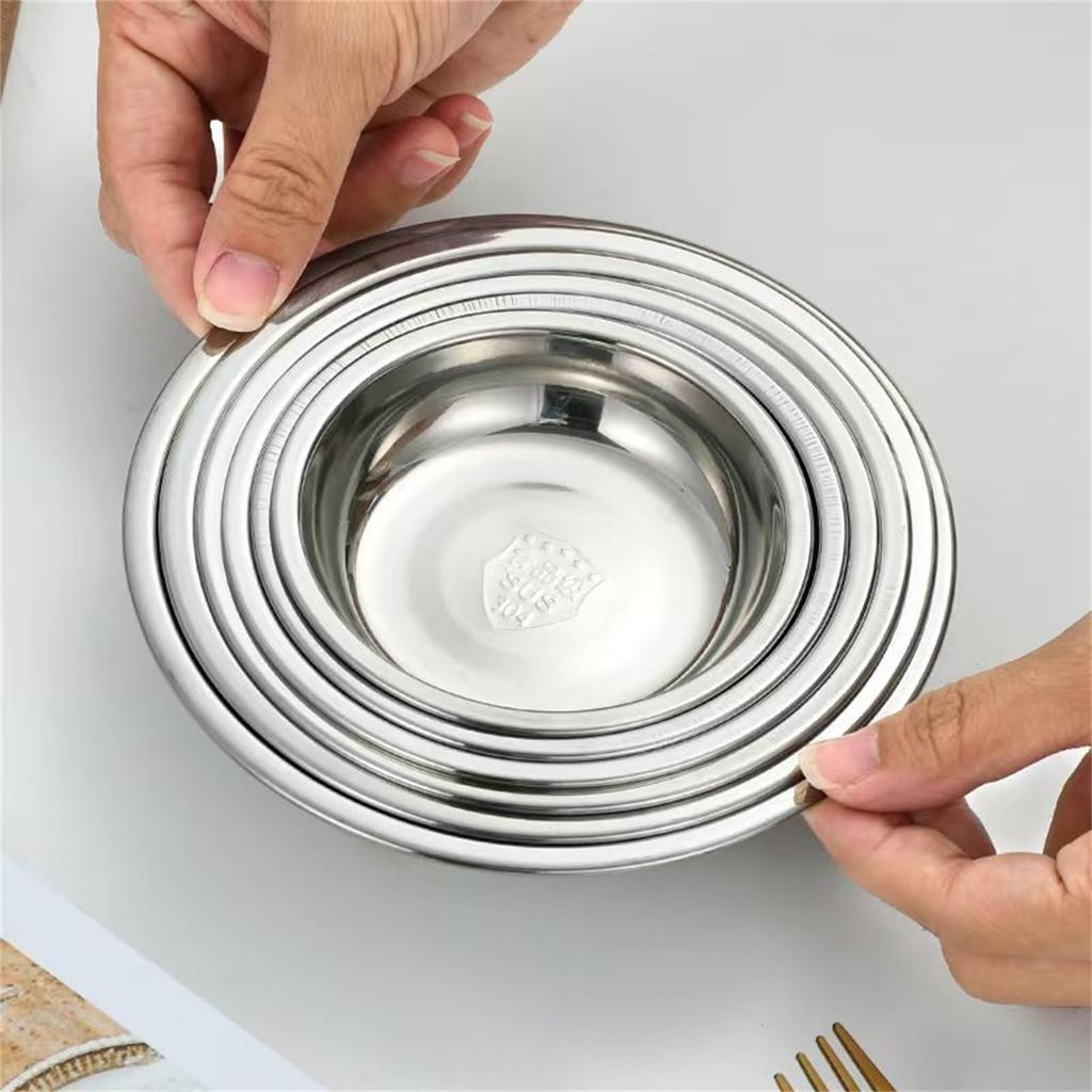 4Pcs Food Serving Dishes Stainless Steels Dipping Cups Round Sauce Dishes Flat Plate Stainless Steels Serving Tray