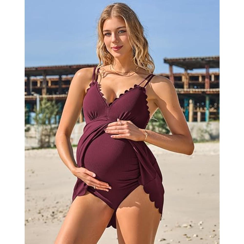 CHARMLEAKS Ribbed Maternity Swimsuit One Piece Swim Dress Scalloped V Neck Pregnancy Bathing Suit Skirt Swimwear