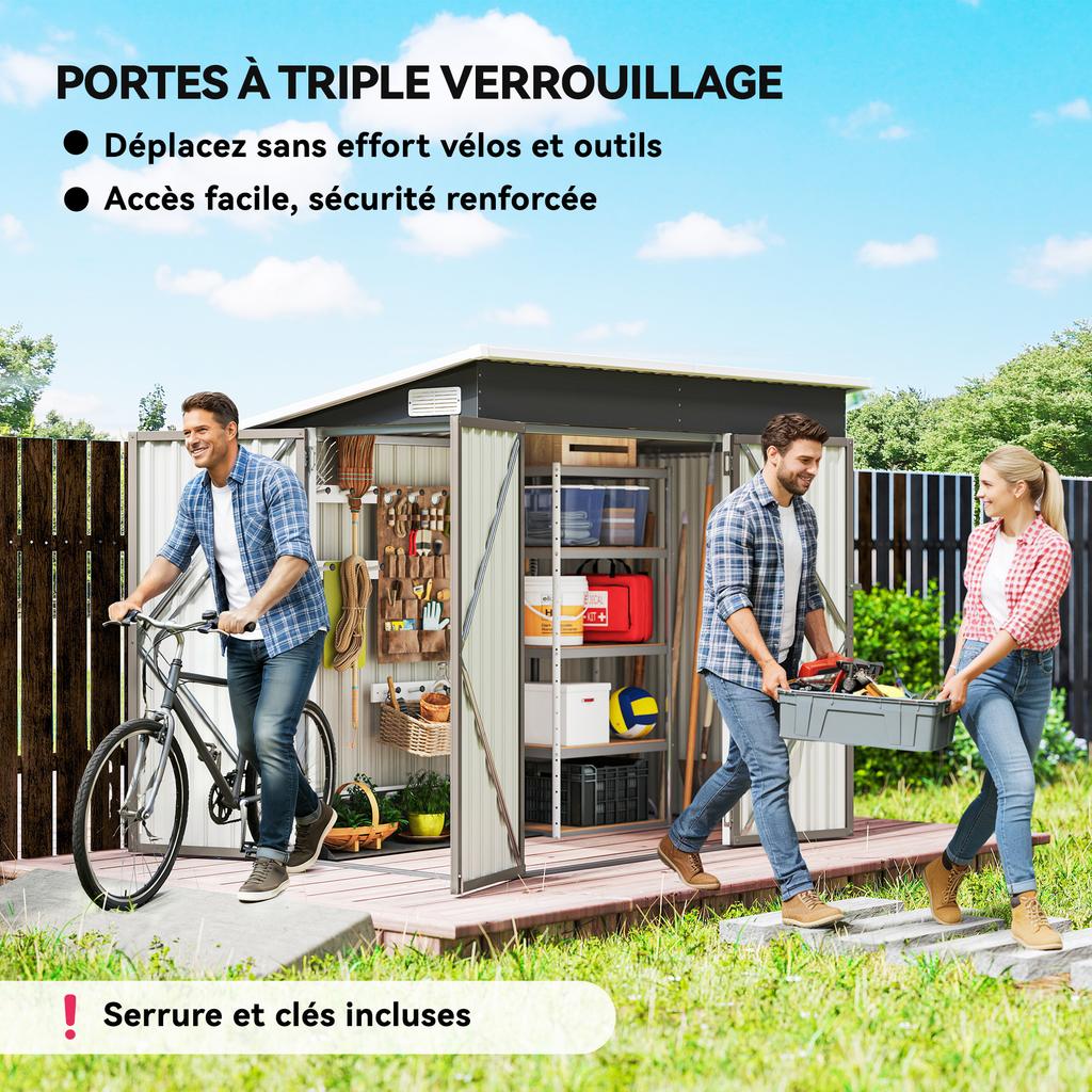 Capanno da Giardino in Metallo 7,5 x 4,3 piedi, Capanno da Esterno Impermeabile con Tripla Porta Bloccabile, Guanti, Prese d'Aria, Grigio Chiaro