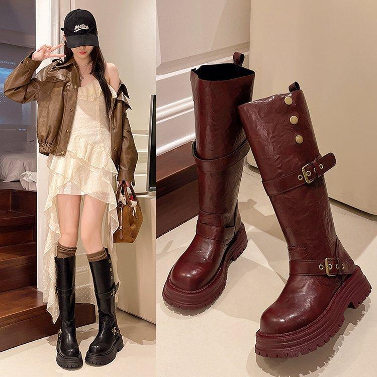 Retro British Style Thick Heel Platform Boots Women's 2025 Autumn and Winter New But Knee Heightening Knight Boots