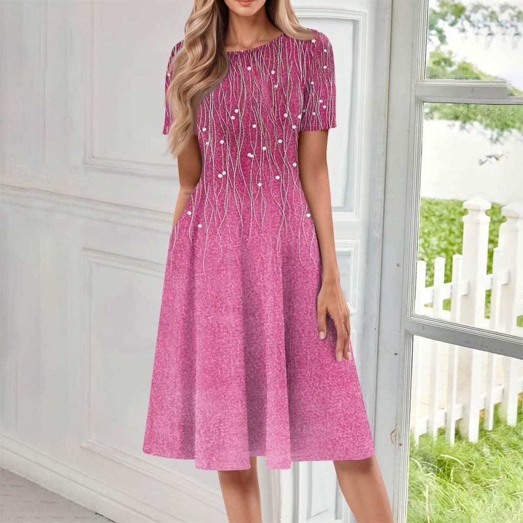 Women's Casual Fashion Round Neck Short Sleeve Floral Printed Midi Dresses
