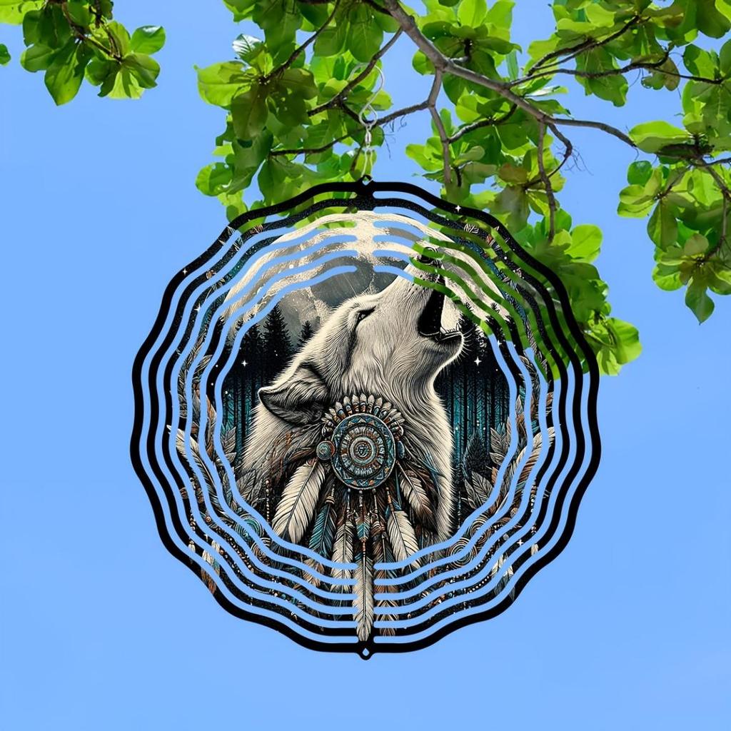 Howling Wolf Wind Spinner 10 Inch 2D Laser Cut Metal Art Decor 360 Rotating Hook for Outdoor Indoor Garden Yard Rustic Home Gift