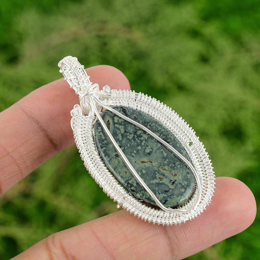 Daughters Day Sale Oval Natural Kambaba Jasper 925 Silver Wire Wrapped Pendant