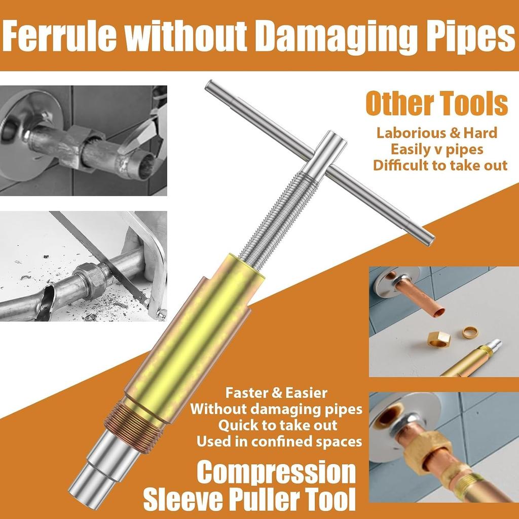 Compression Sleeve Puller Tool, Ferrule Remover for 1/2” Compression Fittings Only, Remove Nut & Ferrule of Pipe, Zinc-Plated Steel Plumbing Tools
