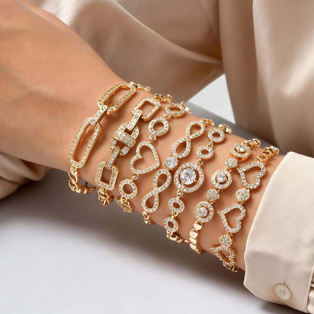 Luxury Shiny Zircon Charm Bracelet for Women, Gold Color Metal Geometric Chain Wristband Bangle, Fashion Exquisite Jewelry Gift