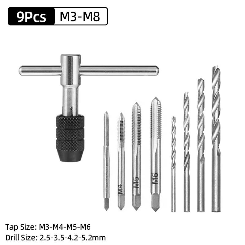 Adjustable M3-M12 T-Handle Ratchet Tap Holder Wrench Tap Wrench Drill Set Hand Tapping Tools Screw Thread Tap Drill Bit