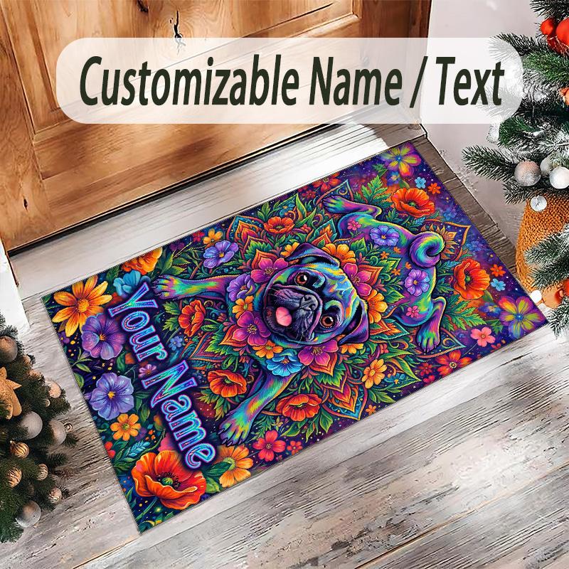 Pug Theme Crystal Velvet Floor Rug Personalized Custom Name Text Warm Carpet Home Decoration