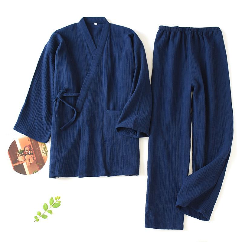 Spring and Summer Men's Yukata Japanese Kimono Pajamas Cotton Yarn Crepe Three-quarter Sleeve Trousers Home Service Suit