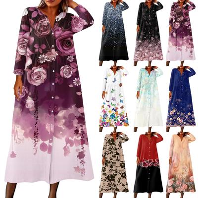 Women's Fashionable Printed Round Neck Seven Quarter Sleeve Button Loose Shirt Dress