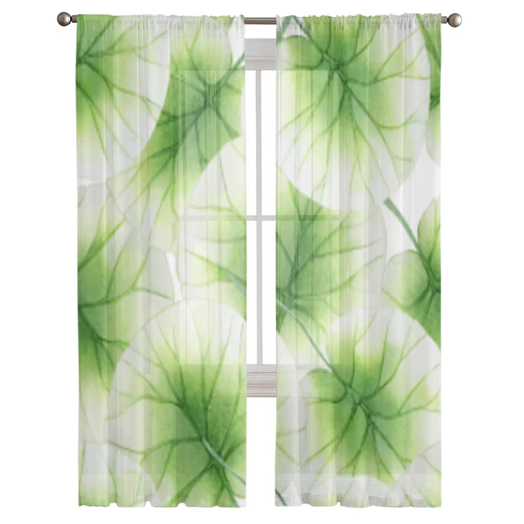Watercolor Lotus Leaves Sheer Curtains For Living Room Window Transparent Voile Tulle Curtain Bedroom Drapes Home Decor