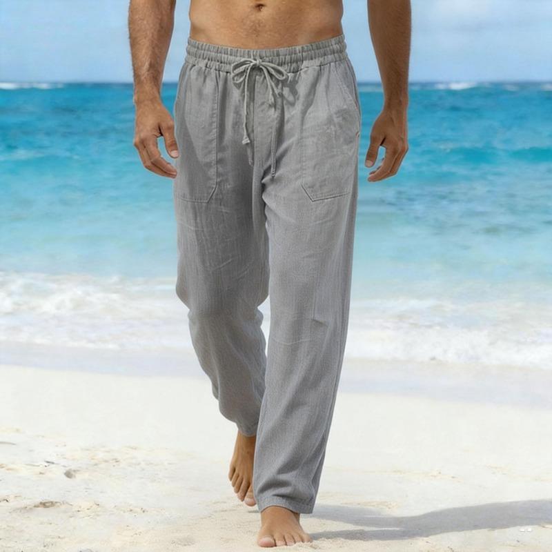 Pantaloni da Spiaggia da Uomo in Misto Lino Bianco Vita con Coulisse Pantaloni Casual