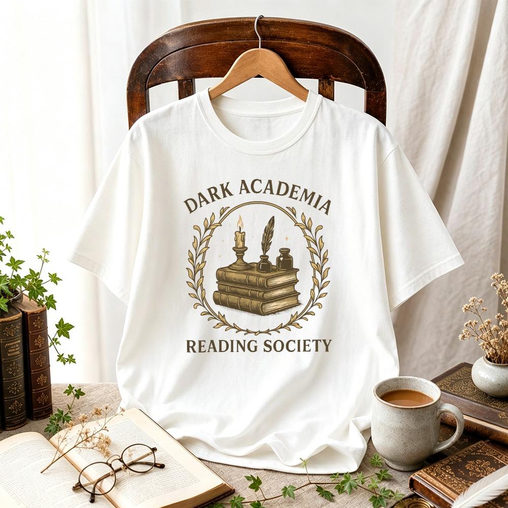 Women Dark Academia Reading Society Vintage Book Quill Candle Wreath TShirt Book Lover Retro Literary Cottagecore Casual Tops